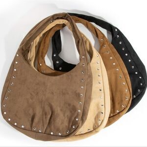 Comfy Casual Cute Cowgirl's Silver Stud Trim Suede Hobo Bag - Black Brown Khaki